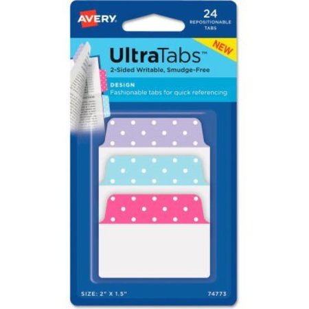 AVERY DENNISON Avery Ultra Tabs Repositionable Tabs, 2in x 1-1/2in, Dots: Blue, Lavendar, Pink, 24/Pack 74773